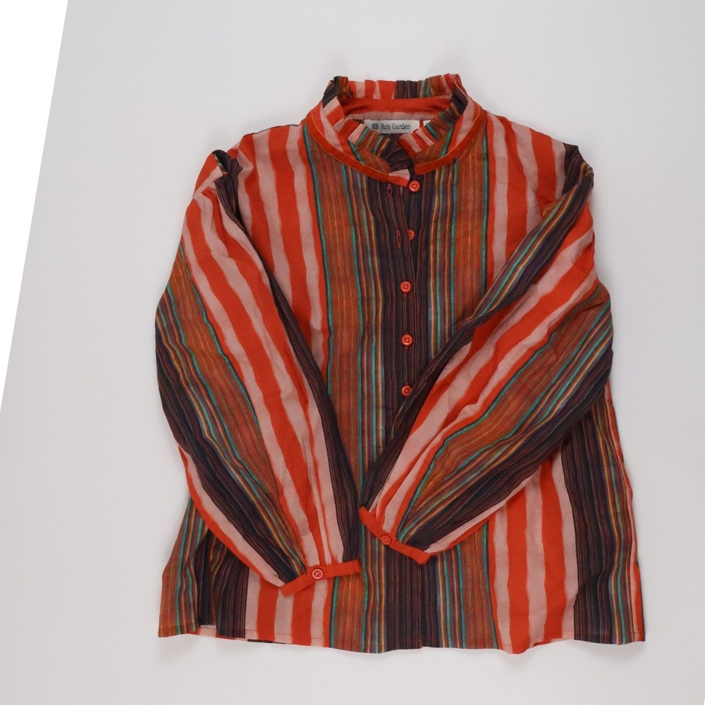 Ro's Garden Blouse Striped Ruffle Neck Orange Multi XS Cotton NEW
